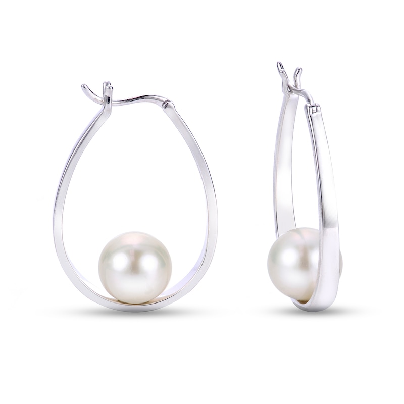 Main Image 1 of 9.0-10.0mm Freshwater Cultured Pearl Cradle Hoop Earrings in Sterling Silver