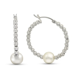 8.0-8.5mm Freshwater Cultured Pearl Diamond-Cut Brilliance Beads Hoop Earrings in Sterling Silver
