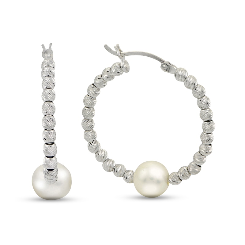 Main Image 1 of 8.0-8.5mm Freshwater Cultured Pearl Diamond-Cut Brilliance Beads Hoop Earrings in Sterling Silver