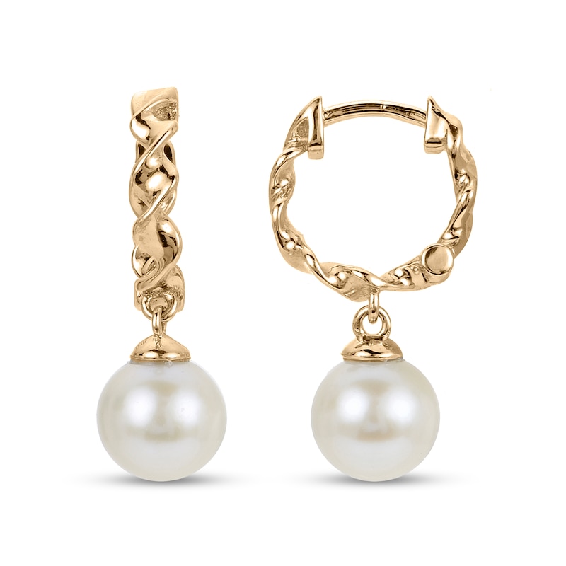 Main Image 1 of 6.0-6.5mm Freshwater Cultured Pearl Chain Huggie Hoop Drop Earrings in Sterling Silver with 14K Gold Plate