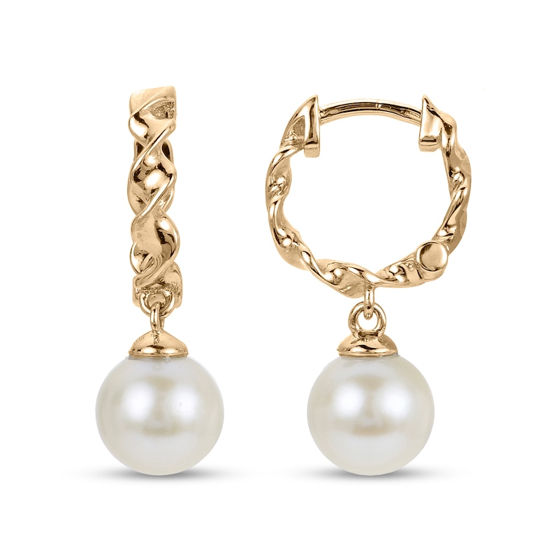 6.0-6.5mm Cultured Freshwater Pearl Chain Huggie Hoop Drop Earrings in Sterling Silver with 14K Gold Plate