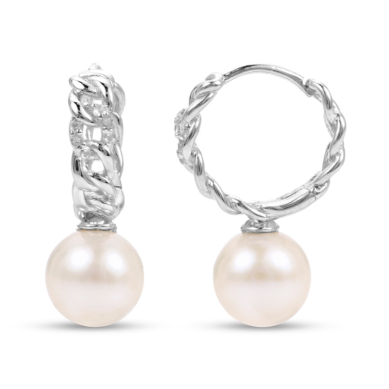 Main Image 1 of 7.0-7.5mm Freshwater Cultured Pearl and White Topaz Chain Huggie Hoop Drop Earrings in Sterling Silver
