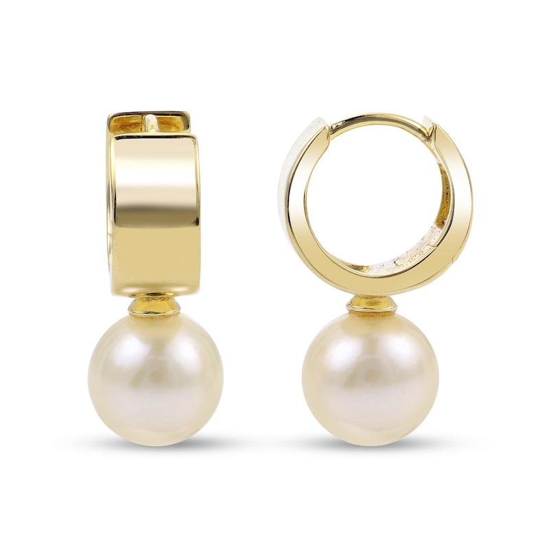 Main Image 1 of 7.5-8.0mm Freshwater Cultured Pearl Huggie Hoop Drop Earrings in Sterling Silver with 14K Gold Plate