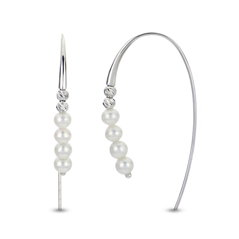 4.0-4.5mm Freshwater Cultured Pearl Diamond-Cut Brilliance Beads Threader Earrings in Sterling Silver