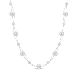 6.0-10.0mm Freshwater Cultured Pearl Station Double Strand Necklace in Sterling Silver