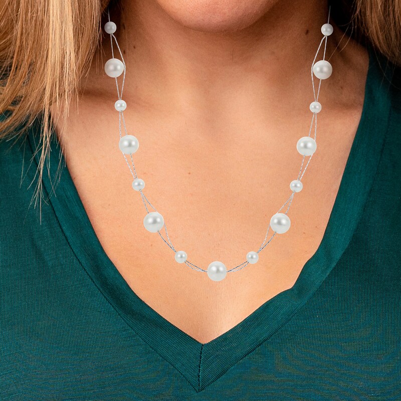 Main Image 2 of 6.0-10.0mm Freshwater Cultured Pearl Station Double Strand Necklace in Sterling Silver