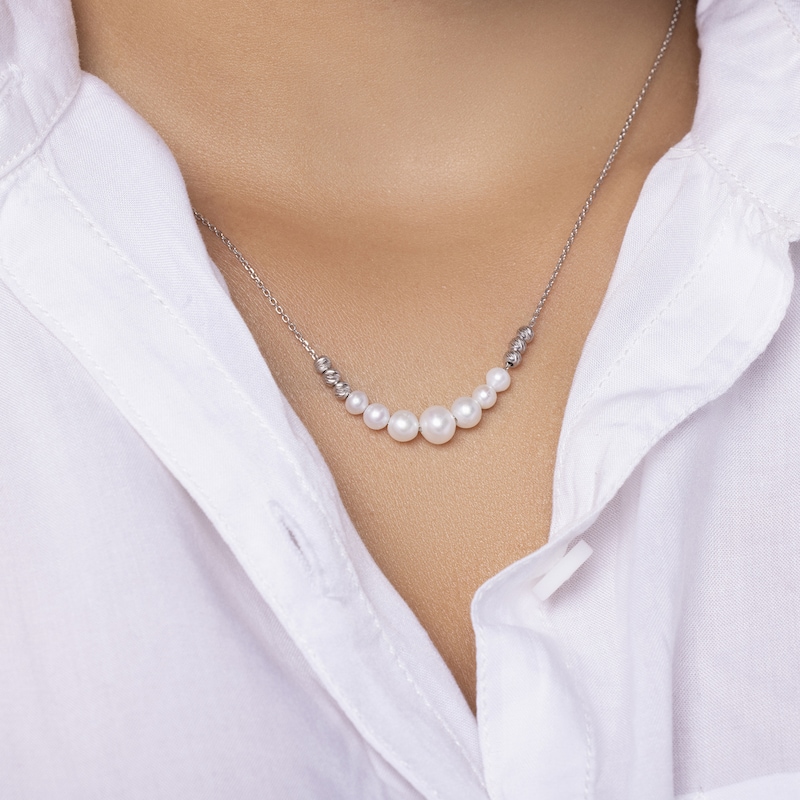 Main Image 2 of 4.0-6.5mm Freshwater Cultured Pearl Seven Stone Diamond-Cut Brilliance Beads Necklace in Sterling Silver