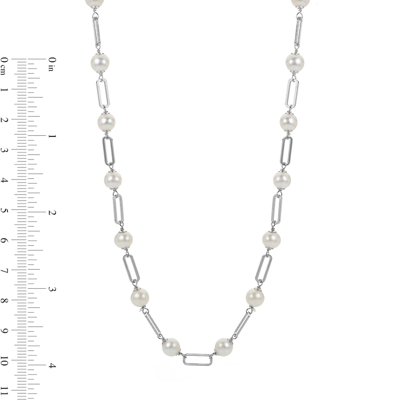 Main Image 4 of 6.0-7.0mm Oval Freshwater Cultured Pearl Alternating Paper Clip Link Necklace in Sterling Silver