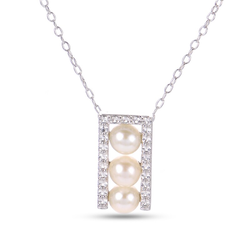 Main Image 1 of 4.0-4.5mm Freshwater Cultured Pearl and White Lab-Created Sapphire Three Stone Necklace in Sterling Silver