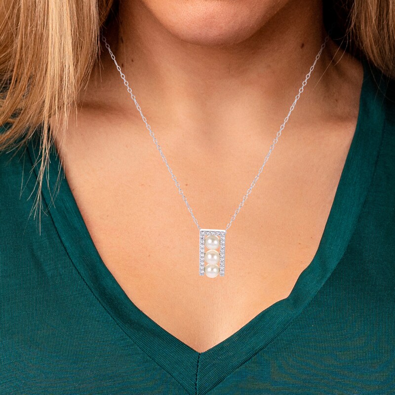 Main Image 2 of 4.0-4.5mm Freshwater Cultured Pearl and White Lab-Created Sapphire Three Stone Necklace in Sterling Silver