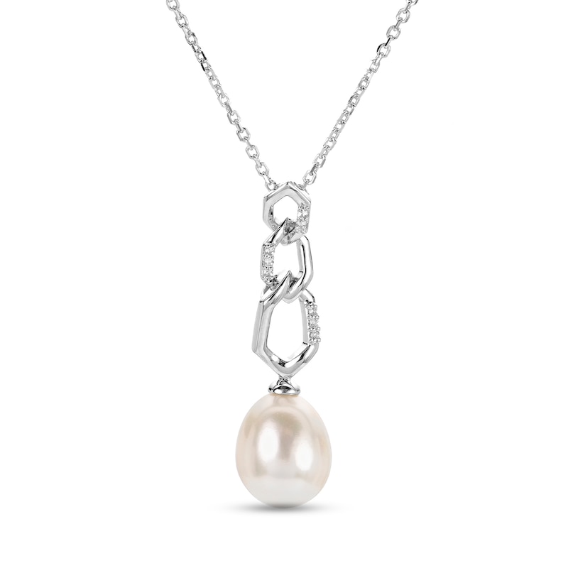 Main Image 1 of 10.0-11.0mm Freshwater Cultured Pearl and White Lab-Created Sapphire Triple Link Necklace in Sterling Silver