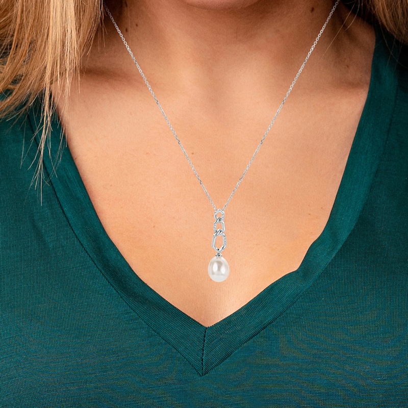 Main Image 2 of 10.0-11.0mm Freshwater Cultured Pearl and White Lab-Created Sapphire Triple Link Necklace in Sterling Silver