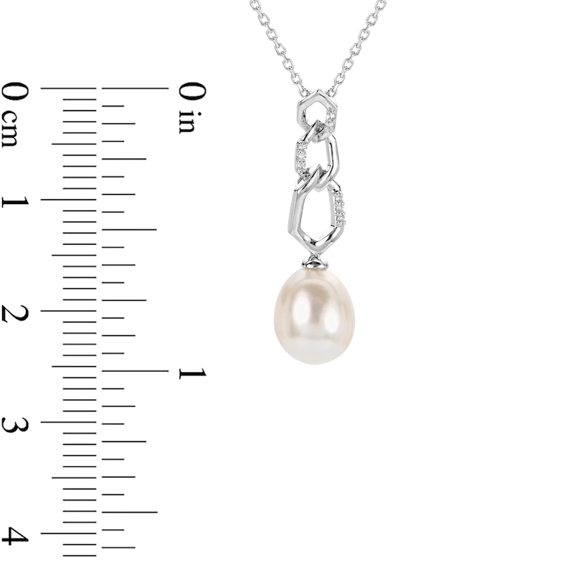 Main Image 4 of 10.0-11.0mm Freshwater Cultured Pearl and White Lab-Created Sapphire Triple Link Necklace in Sterling Silver