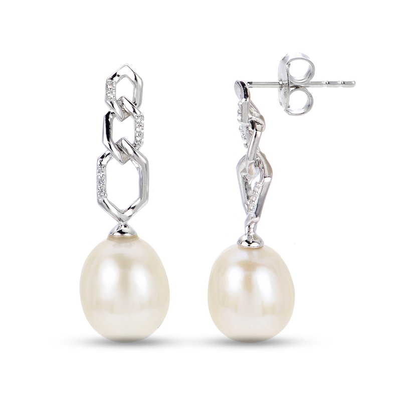 Main Image 1 of 9.0-10.0mm Freshwater Cultured Pearl and White Lab-Created Sapphire Link Drop Earrings in Sterling Silver