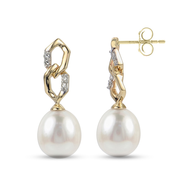 Main Image 1 of 7.0-8.0mm Freshwater Cultured Pearl and Diamond Accent Double Link Drop Earrings in 14K Gold