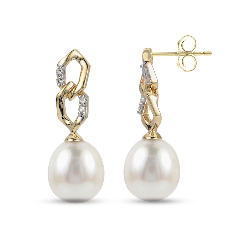 7.0-8.0mm Cultured Freshwater Pearl and Diamond Accent Double Link Drop Earrings in 14K Gold