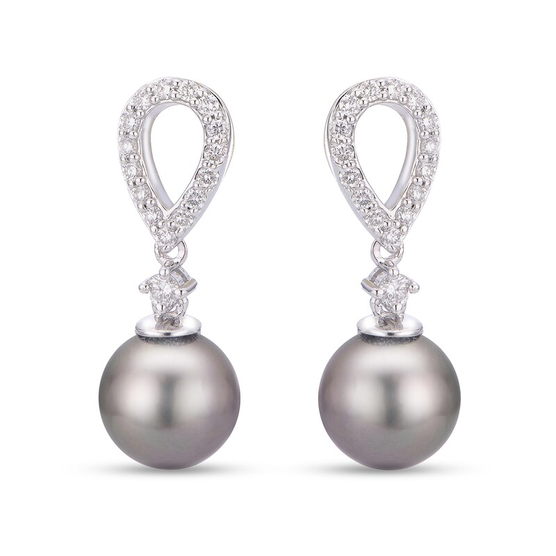 8.0-9.0mm Black Cultured Tahitian Pearl and 1/4 CT. T.W. Diamond Teardrop Earrings in 14K White Gold