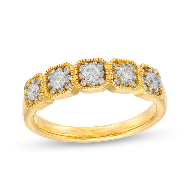 Main Image 1 of 1/2 CT. T.W. Multi-Diamond Cushion-Shaped Frame Five Stone Anniversary Band in 14K Gold