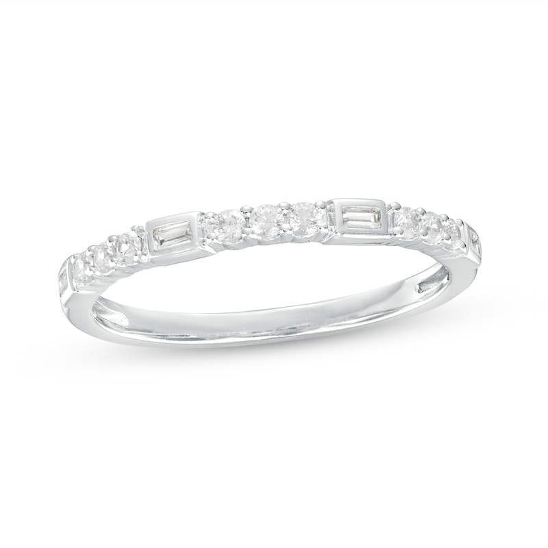 Main Image 1 of 1/5 CT. T.W. Baguette and Round Diamond Alternating Trios Stackable Anniversary Band in 10K White Gold
