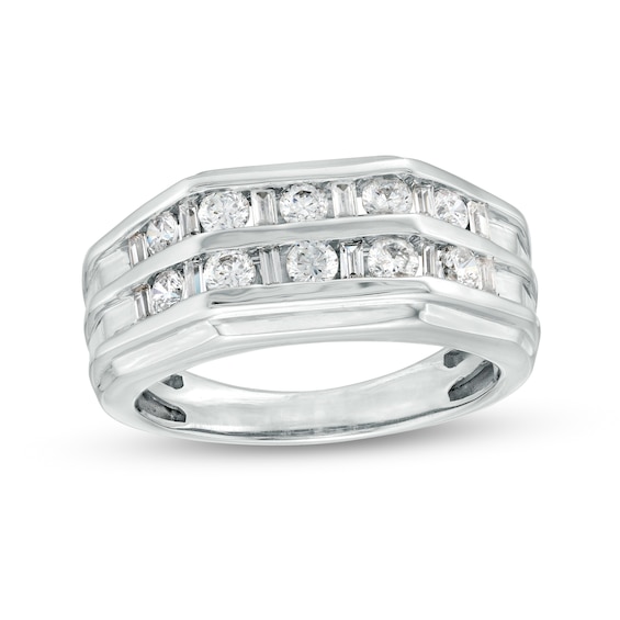 1 CT. T.w. Baguette and Round Diamond Double Row Wedding Band in 10K White Gold