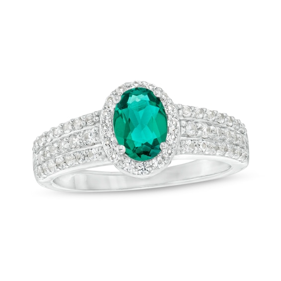 Oval Lab-Created Emerald and White Lab-Created Sapphire Frame Triple Row Ring in Sterling Silver
