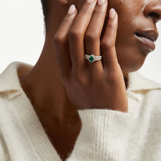 Oval Lab-Created Emerald and White Lab-Created Sapphire Frame Triple Row Ring in Sterling Silver