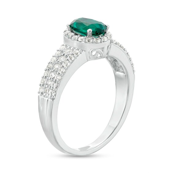 Oval Lab-Created Emerald and White Lab-Created Sapphire Frame Triple Row Ring in Sterling Silver