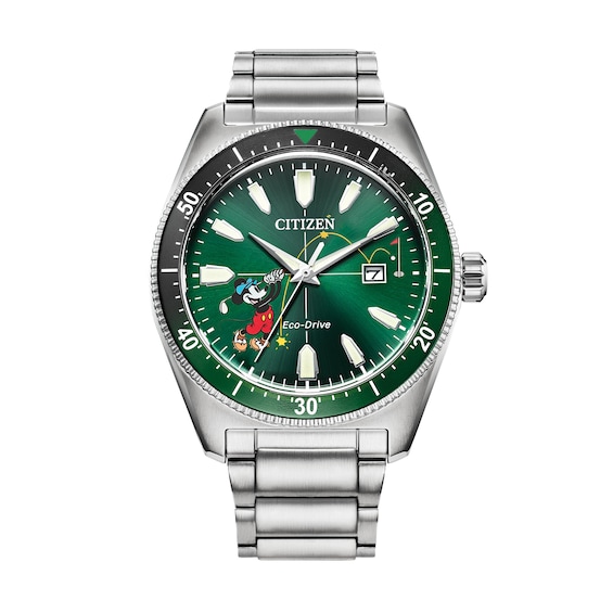 Men's Citizen Eco-Drive® Mickey Mouse & Friends Tee Time Watch with Green Dial (Model: Aw1595-78W)