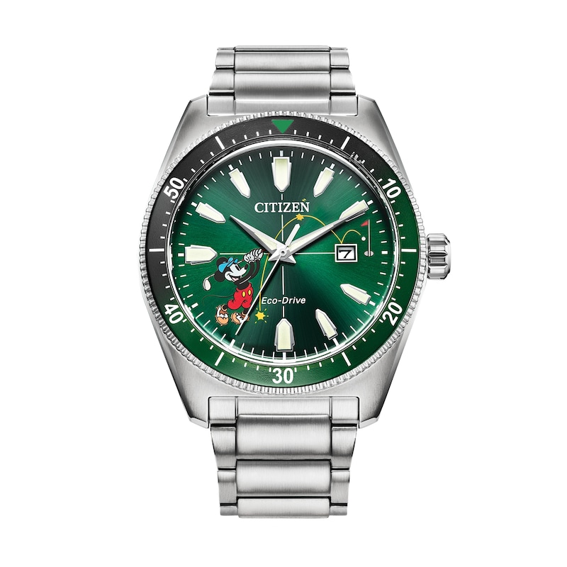 Men's Citizen Eco-Drive® Mickey Mouse & Friends Tee Time Watch with Green Dial (Model: AW1595-78W)