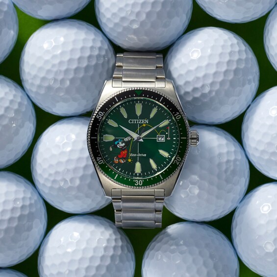 Men's Citizen Eco-DriveÂ® Mickey Mouse & Friends Tee Time Watch with Green Dial (Model: Aw1595-78W)