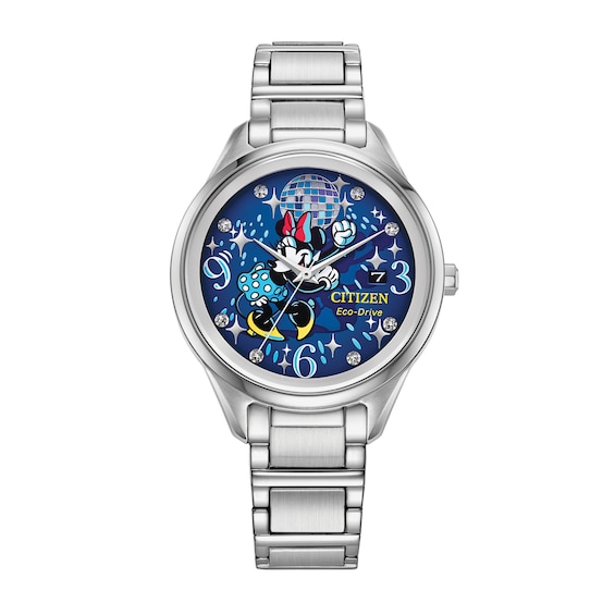 Ladies' Citizen Eco-DriveÂ® Mickey Mouse & Friends Disco Minnie Crystal Watch with Blue Dial (Model: Fe6106-52W)