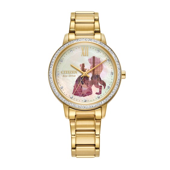 Ladies' Citizen Eco-DriveÂ® Princess Crystal Gold-Tone Watch with Mother-of-Pearl Dial and Box Set (Model: Fe7048-51D)