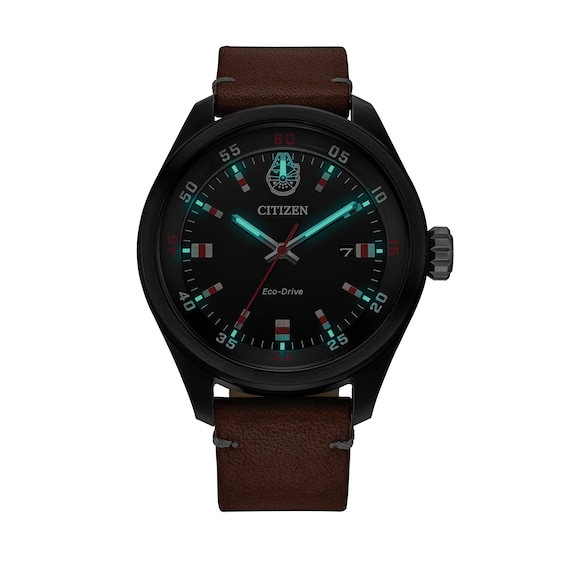 Men's Citizen Eco-DriveÂ® Star Warsâ¢ Chewbaccaâ¢ Brown Leather Strap Watch with Black Dial (Model: Aw5008-06W)