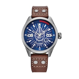 Men's Citizen Eco-Drive® Star Wars™ Han Solo™ Brown Leather Strap Watch with Blue Dial (Model: AW5009-03W)