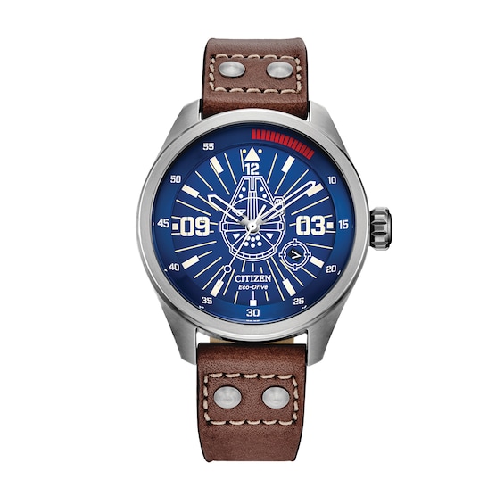 Men's Citizen Eco-Drive® Star Wars™ Han Solo™ Brown Leather Strap Watch with Blue Dial (Model: Aw5009-03W)