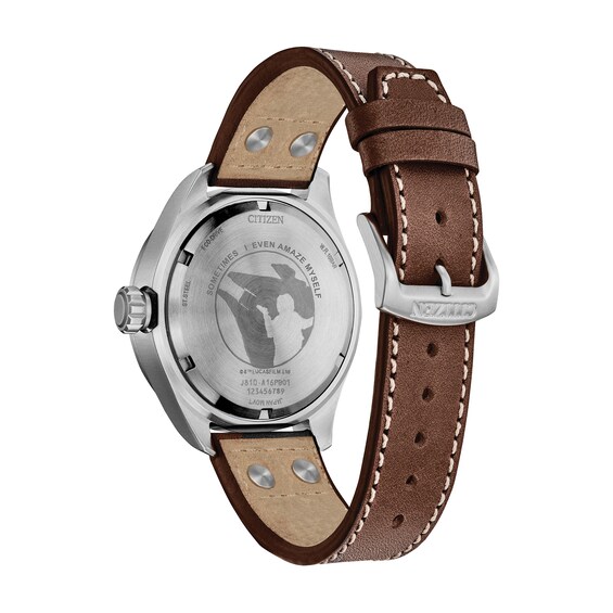 Men's Citizen Eco-Drive® Star Wars™ Han Solo™ Brown Leather Strap Watch with Blue Dial (Model: Aw5009-03W)