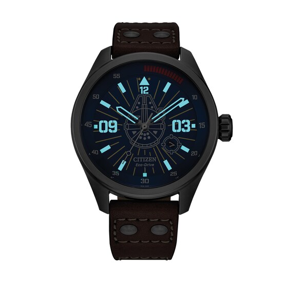 Men's Citizen Eco-Drive® Star Wars™ Han Solo™ Brown Leather Strap Watch with Blue Dial (Model: Aw5009-03W)