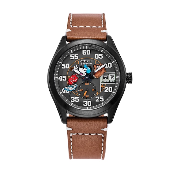 Men's Citizen Eco-DriveÂ® Mickey Mouse & Friends Baseball Brown Leather Strap Watch (Model: Bv1089-05W)