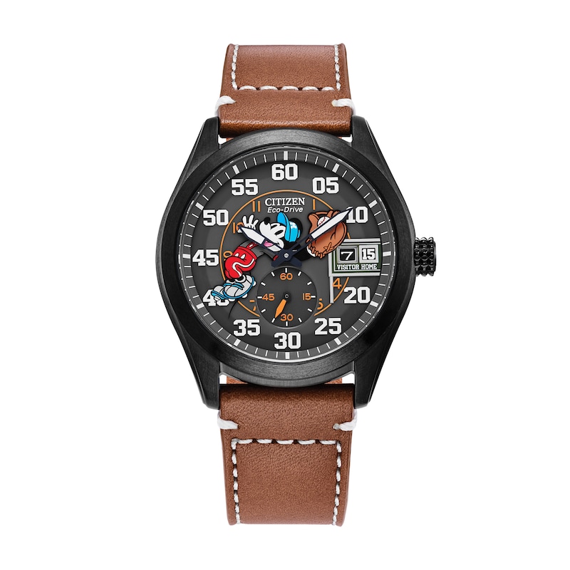 Men's Citizen Eco-Drive® Mickey Mouse & Friends Baseball Brown Leather Strap Watch (Model: BV1089-05W)