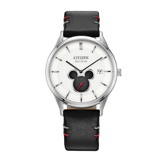 Citizen Eco-DriveÂ® Mickey Mouse & Friends Shadow Black Leather Strap Watch with White Dial (Model: Bv1130-03W)