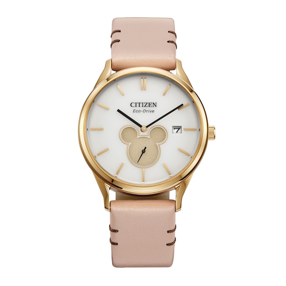 Citizen Eco-DriveÂ® Mickey Mouse & Friends Shadow Gold-Tone Pink Leather Strap Watch (Model: Bv1132-08W)