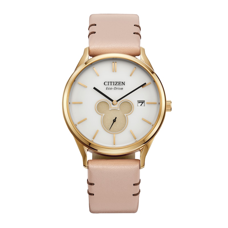 Citizen Eco-Drive® Mickey Mouse & Friends Shadow Gold-Tone Pink Leather Strap Watch (Model: BV1132-08W)