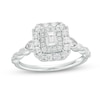 Thumbnail Image 1 of 3/4 CT. T.W. Emerald-Cut Diamond Double Cushion-Shaped Frame Scallop Edge Engagement Ring in 14K White Gold (I/SI2)