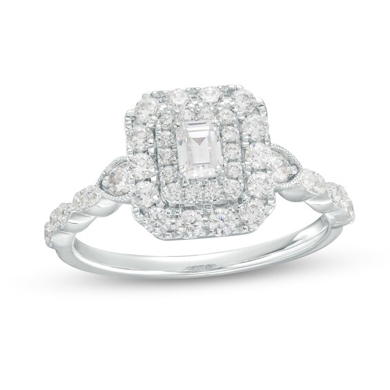 3/4 CT. T.w. Emerald-Cut Diamond Double Cushion-Shaped Frame Scallop Edge Engagement Ring in 14K White Gold (I/Si2)