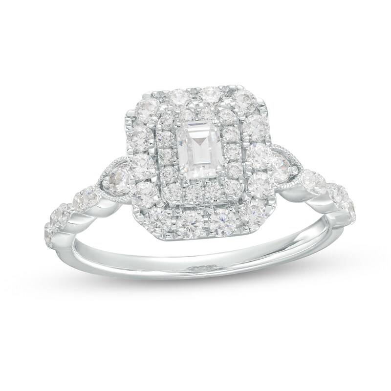 Main Image 1 of 3/4 CT. T.W. Emerald-Cut Diamond Double Cushion-Shaped Frame Scallop Edge Engagement Ring in 14K White Gold (I/SI2)