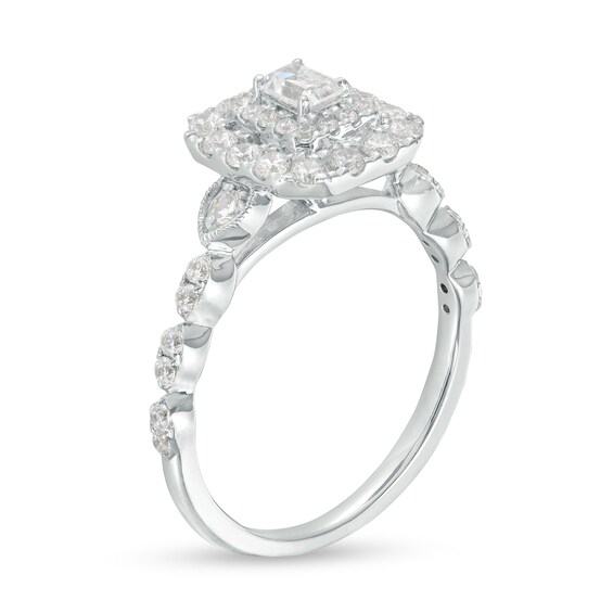3/4 CT. T.w. Emerald-Cut Diamond Double Cushion-Shaped Frame Scallop Edge Engagement Ring in 14K White Gold (I/Si2)