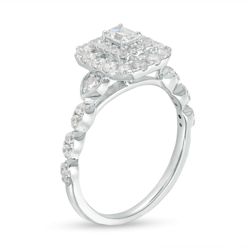 Main Image 2 of 3/4 CT. T.W. Emerald-Cut Diamond Double Cushion-Shaped Frame Scallop Edge Engagement Ring in 14K White Gold (I/SI2)