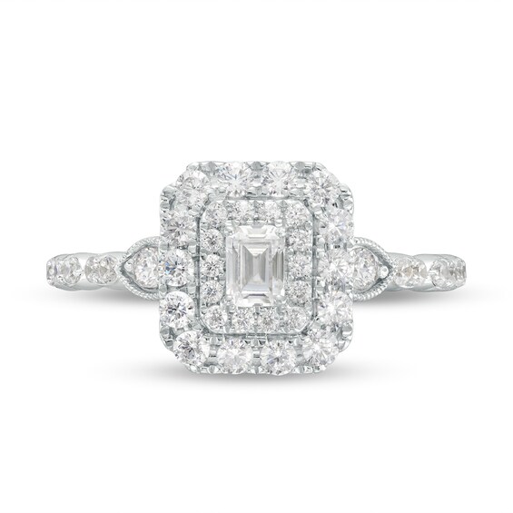 3/4 CT. T.w. Emerald-Cut Diamond Double Cushion-Shaped Frame Scallop Edge Engagement Ring in 14K White Gold (I/Si2)