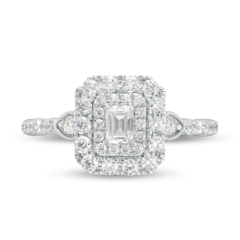 Main Image 3 of 3/4 CT. T.W. Emerald-Cut Diamond Double Cushion-Shaped Frame Scallop Edge Engagement Ring in 14K White Gold (I/SI2)