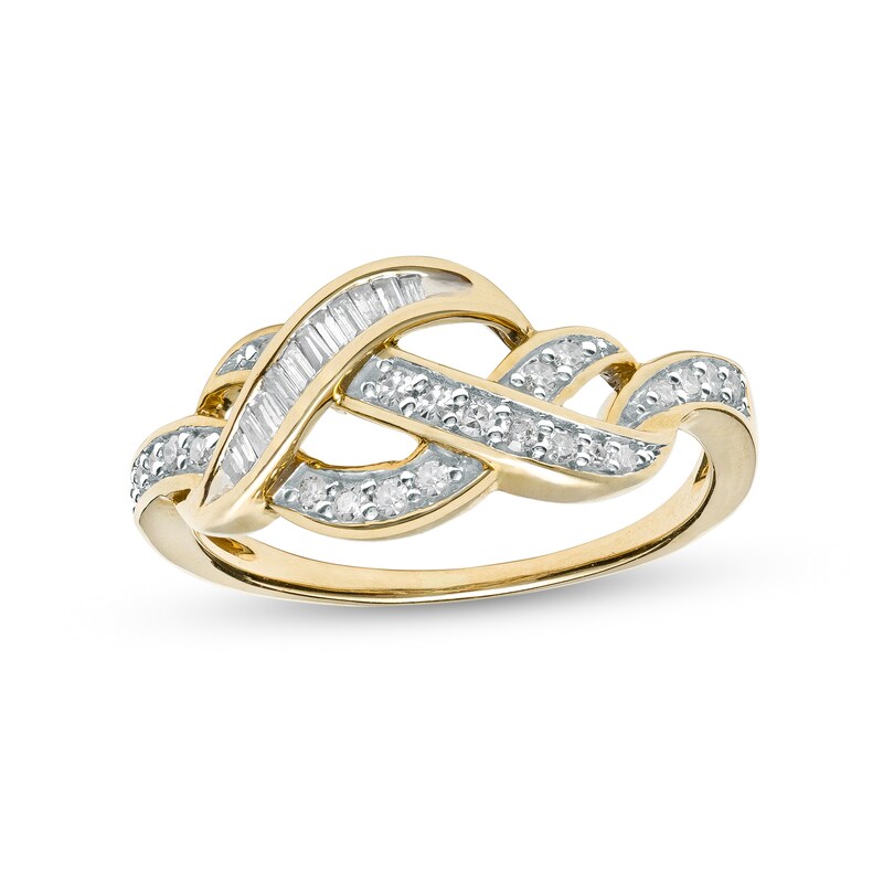 Main Image 1 of 1/4 CT. T.W. Baguette and Round Diamond Twist Ring in 10K Gold